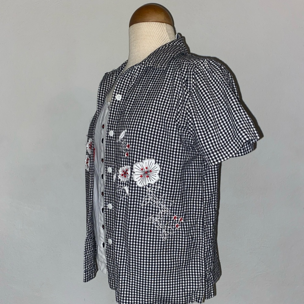 Black and White Checkered Shirt with Floral Embroidery - Picture 2 of 5